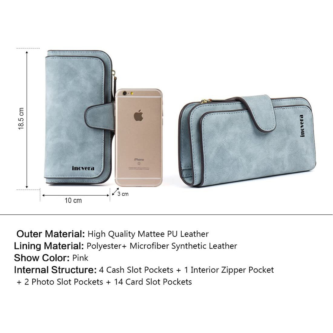 Inovera (Label) Light Blue Leather Women's Tri-Fold Women Fashion Card Coin Holder Ladies Long Purse Clutch Wallet (Kk24)