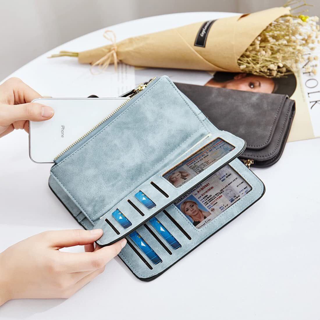 Inovera (Label) Light Blue Leather Women's Tri-Fold Women Fashion Card Coin Holder Ladies Long Purse Clutch Wallet (Kk24)