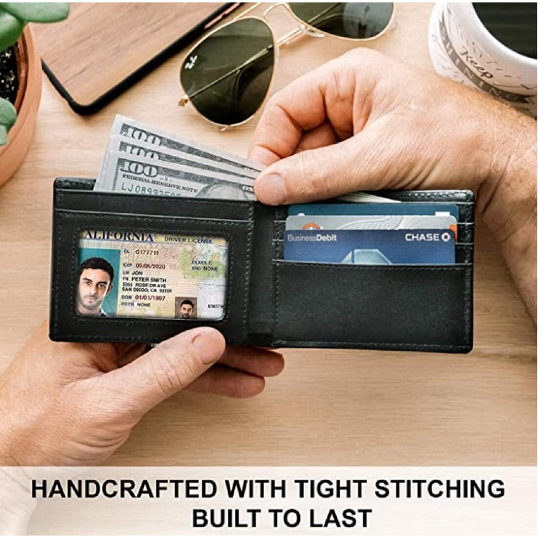 Contacts Men's Rfid Blocking Bifold Wallet | Black Genuine Leather | 6 Card Slots, 1 Id Window