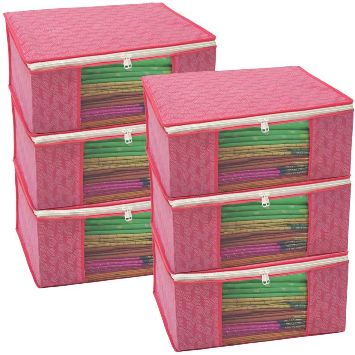 Homestrap Set Of 6 Non-Woven Printed Saree Cover/Cloth Storage/Organizer With Transparent Window (Pink, Featured On Shark Tank, 33.5 Cm, 22 Cm)