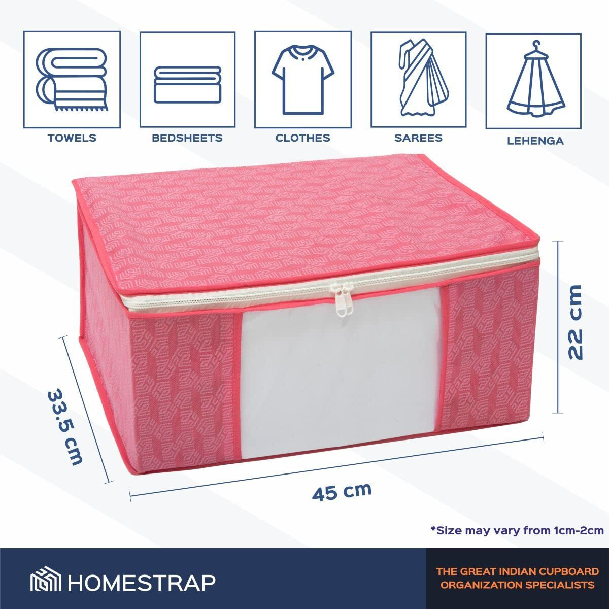Homestrap Set Of 6 Non-Woven Printed Saree Cover/Cloth Storage/Organizer With Transparent Window (Pink, Featured On Shark Tank, 33.5 Cm, 22 Cm)