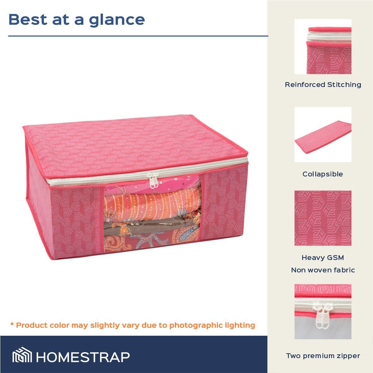 Homestrap Set Of 6 Non-Woven Printed Saree Cover/Cloth Storage/Organizer With Transparent Window (Pink, Featured On Shark Tank, 33.5 Cm, 22 Cm)