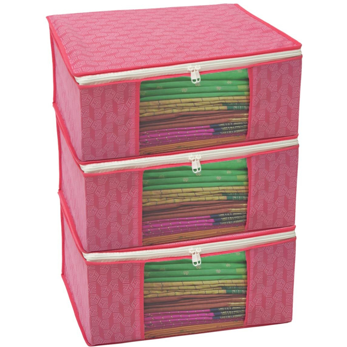 Homestrap Set Of 3 Non-Woven Printed Saree Cover/Cloth Storage/Organizer With Transparent Window (Pink), 33 X 22 Cm