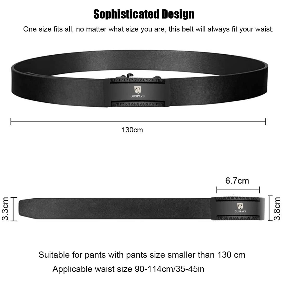 Gustave Leather Belts For Men With Auto Lock -Free Adjustable Length And No Need To Punch, Length 125-130Cm, Black