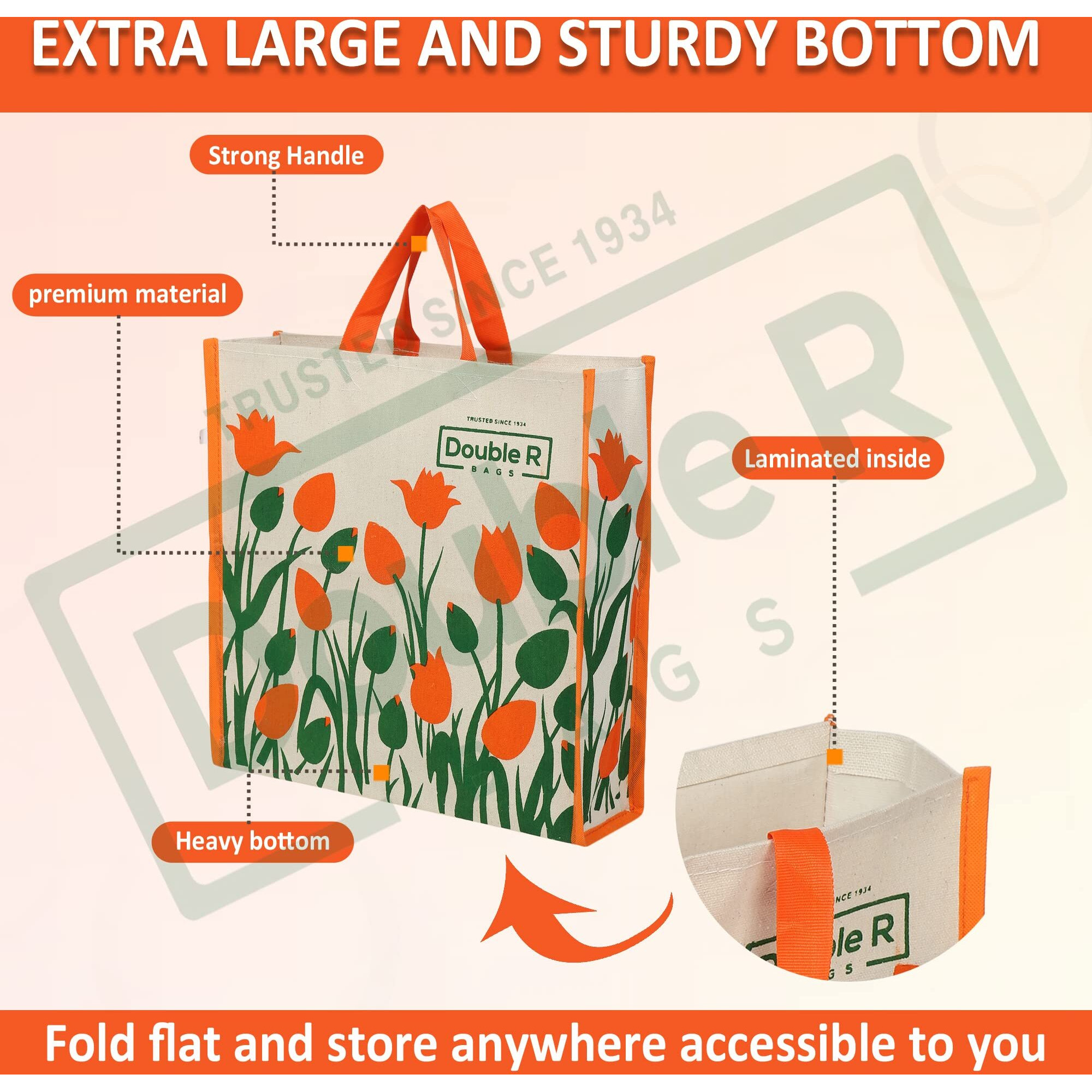 Double R Bags Reusable Shopping Bags Kitchen Essentials/Grocery Bag/Vegetable Bag/Carry Bag With Handles Multi-Purpose Bag I Multiple Stylish Designs (Pack Of 4)
