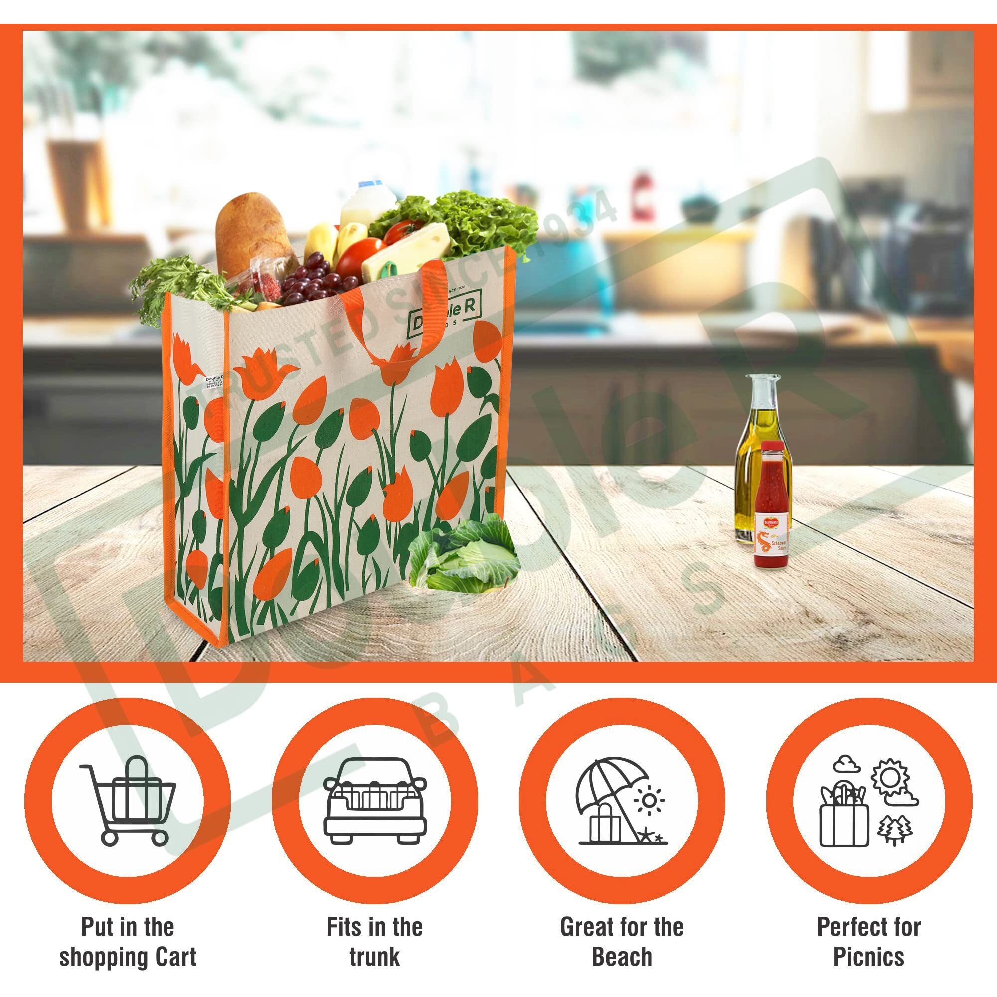Double R Bags Reusable Shopping Bags Kitchen Essentials/Grocery Bag/Vegetable Bag/Carry Bag With Handles Multi-Purpose Bag I Multiple Stylish Designs (Pack Of 4)