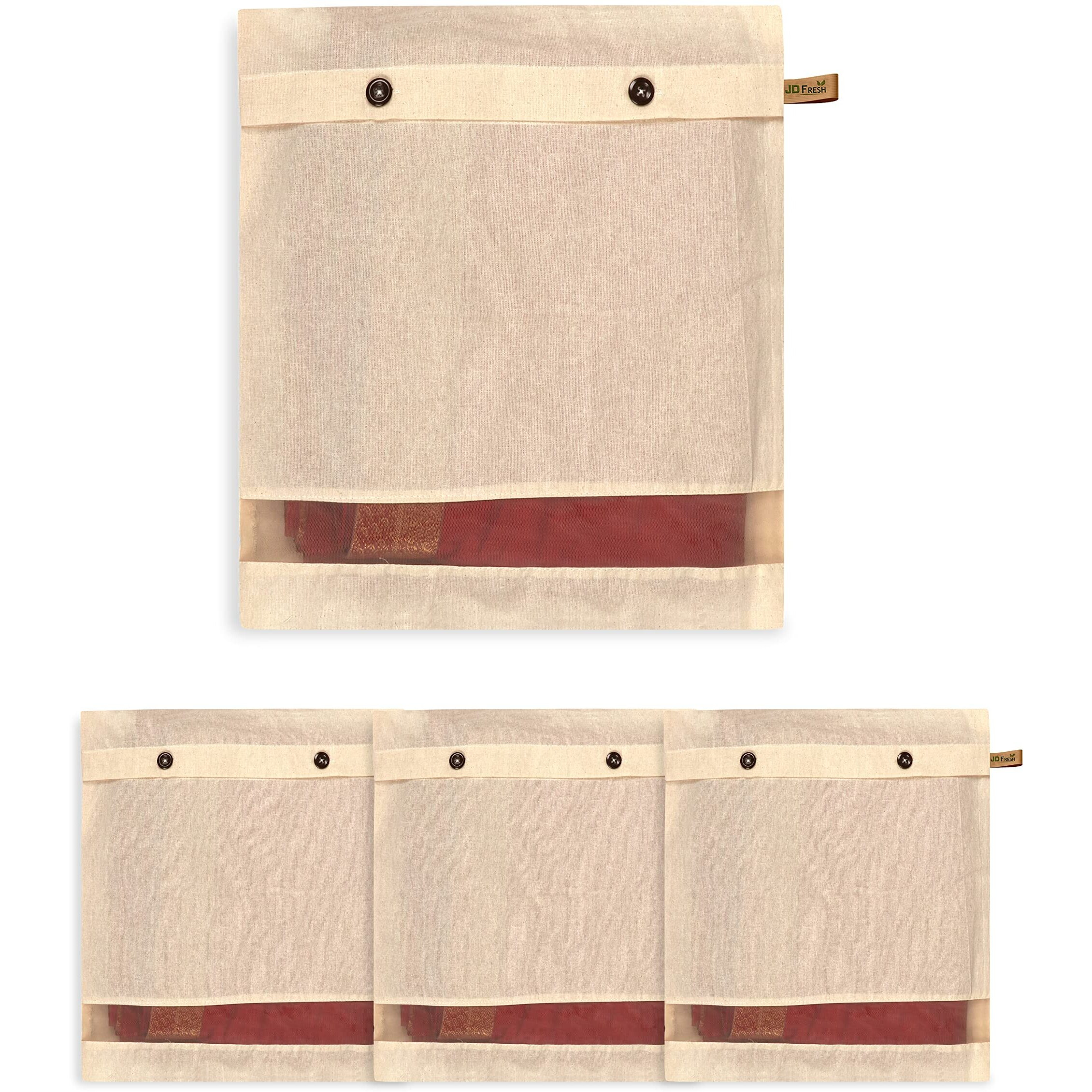 Jd Fresh 4 Pcs Cotton Saree Covers/Storage Bags With Buttons/Space Saving Bag With Mesh Window/Wardrobe-Cupboard Organizer/Holds 2 To 3 Sarees Each/Saree Organizer For Travelling(14 X 16 Inch/Brown)
