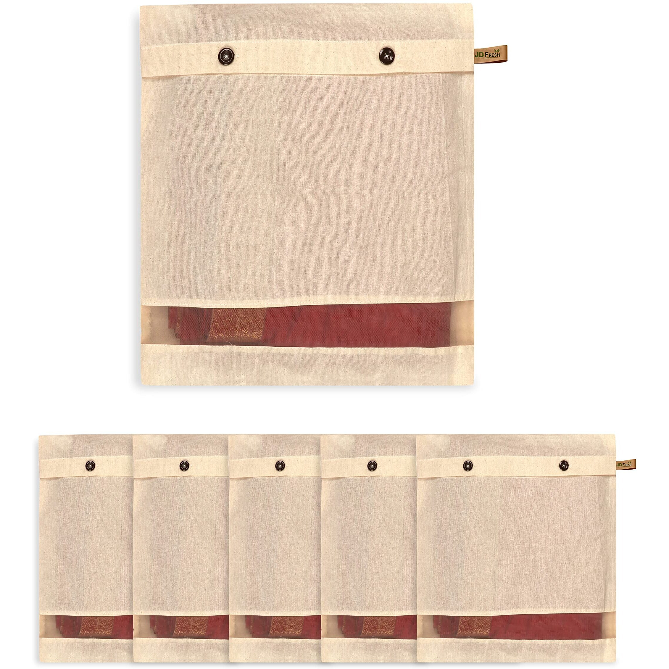 Jd Fresh 6 Pcs Cotton Saree Covers/Storage Bags With Buttons/Space Saving Bag With Mesh Window/Wardrobe-Cupboard Organizer/Holds 2 To 3 Sarees Each/Clothes Organizer For Travel(14 X 16 Inch/Brown)