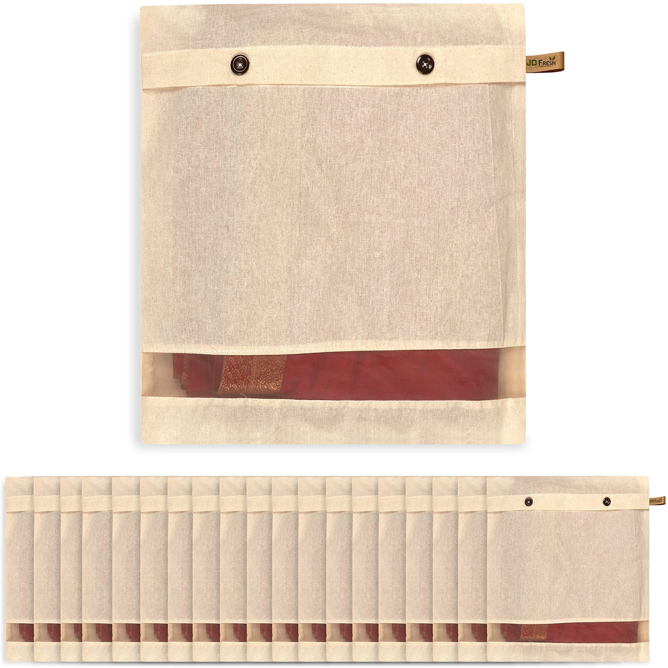 Jd Fresh 20 Pcs Cotton Saree Covers/Storage Bags With Zip/Space Saving Bag With Mesh Window/Wardrobe-Cupboard Organizer/Holds 2 To 3 Sarees Each/Cloth Organizer For Travelling(14 X 16 Inch/Brown)