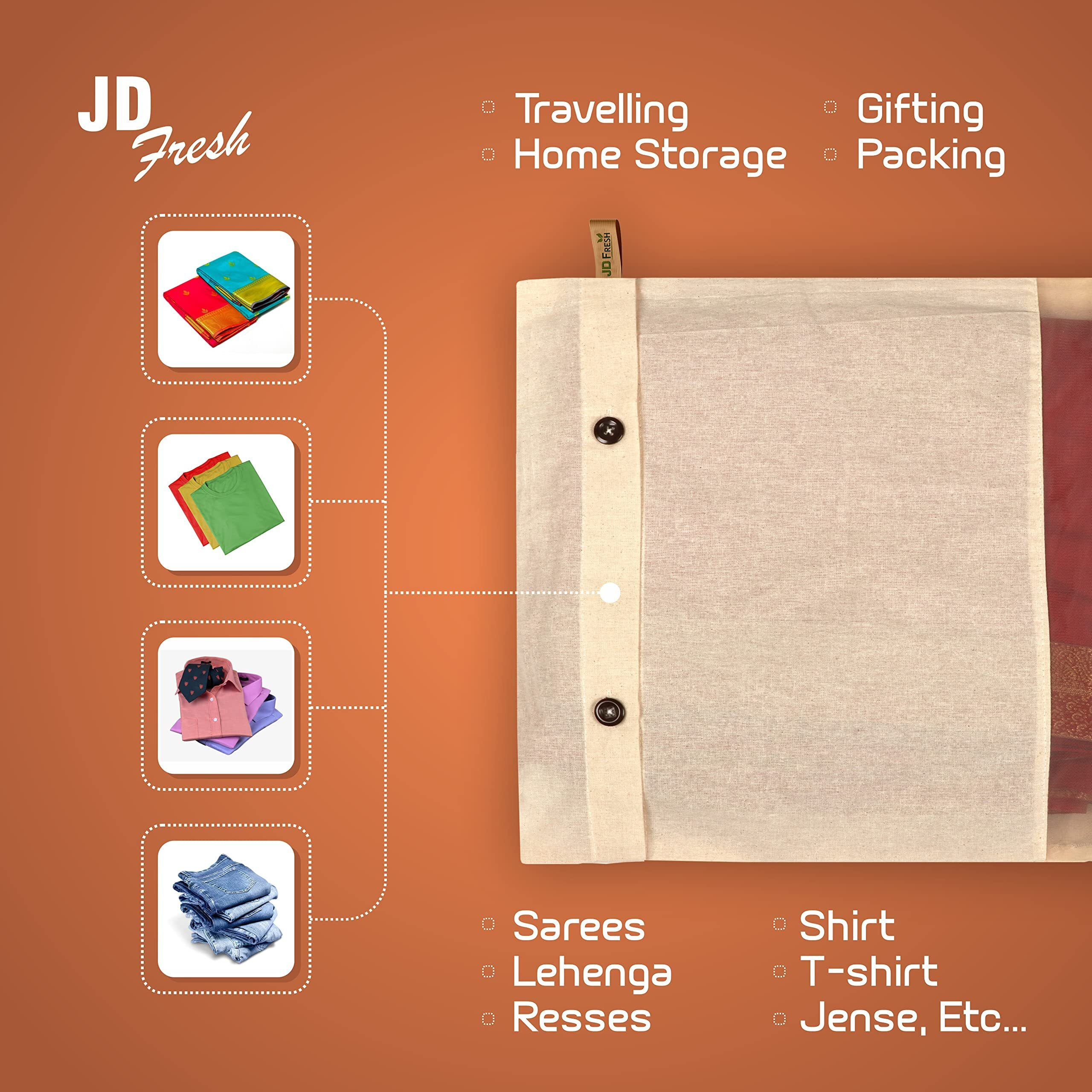 Jd Fresh 20 Pcs Cotton Saree Covers/Storage Bags With Zip/Space Saving Bag With Mesh Window/Wardrobe-Cupboard Organizer/Holds 2 To 3 Sarees Each/Cloth Organizer For Travelling(14 X 16 Inch/Brown)