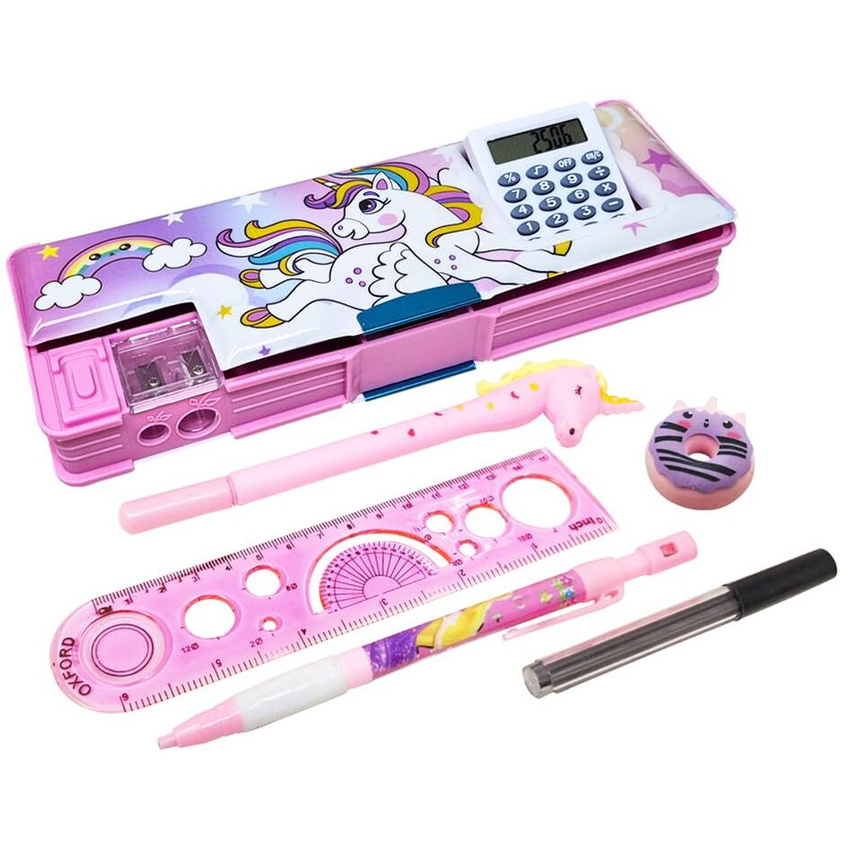 Parteet Stationery Combo Of 1 Plastic Pink Pencil Box With Calculator,1 Unicorn Pen, 1 Lead Pencil With Extra Lead, 1 Scale And 1 Eraser (Assorted Design)