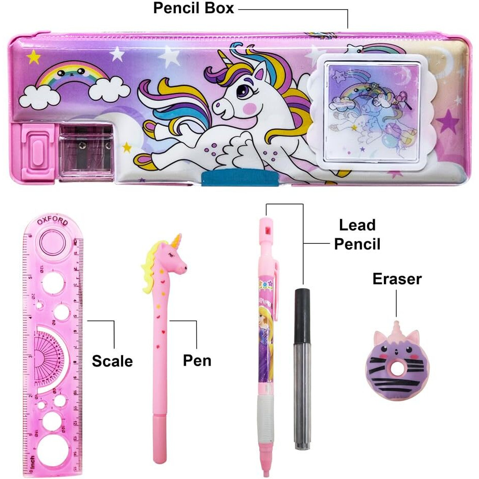 Parteet Stationery Combo Of 1 Plastic Pink Pencil Box With Calculator,1 Unicorn Pen, 1 Lead Pencil With Extra Lead, 1 Scale And 1 Eraser (Assorted Design)