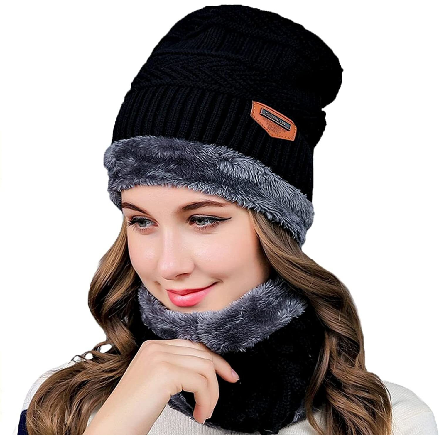 Wearslim Wool Premium Warm Knit Casual Style Hats, Skull Cap With Neck Warmer Winter Wear Beanie Hats Scarf Set For Men And Women - Black, One Size