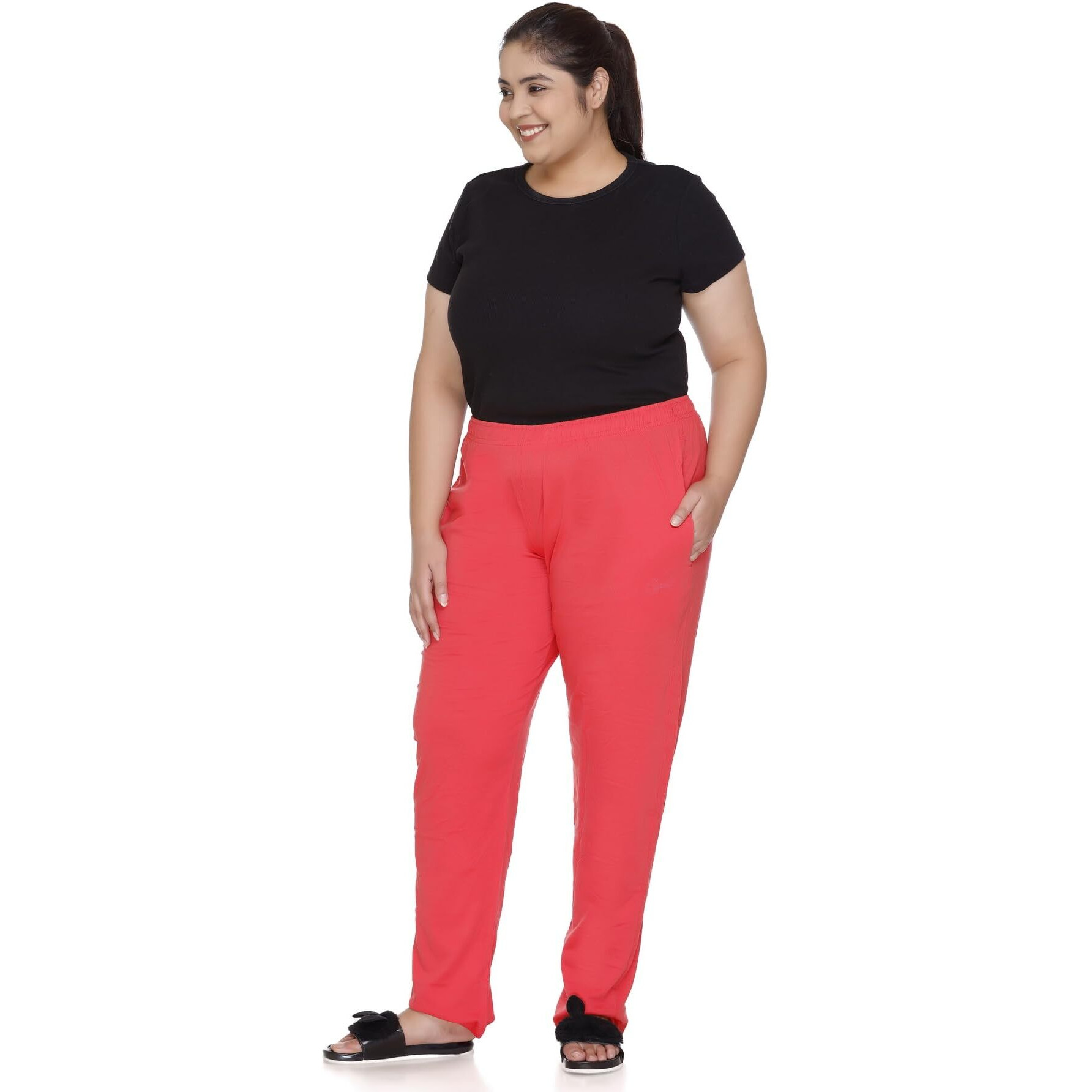 Cupid Women Plus Size Cotton Plain Comfortable Track Pant, Lower, Sports Trouser, Joggers, Lounge N Daily Gym Wear For Ladies_6X-Large_Coral Red