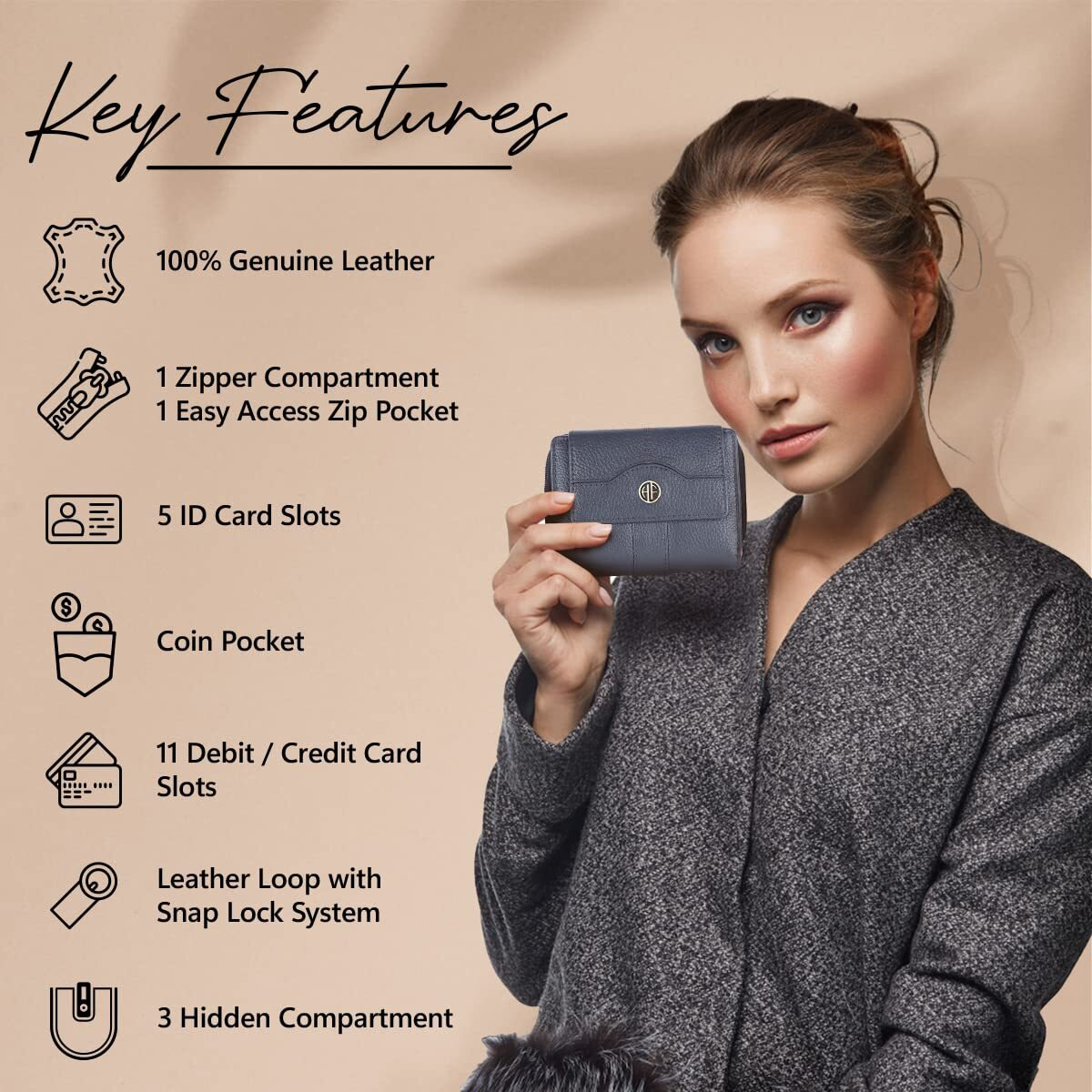 Hammonds Flycatcher Leather Ladies Wallet For Woman With 14 Card Slots - Clutch Purse For Women, Ladies Wallet For Women Stylish, Ladies Purse For Women Wallet, Purse For Woman, Grey