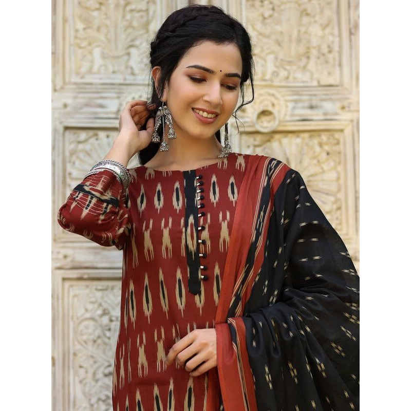 Vaamsi Women's Rayon Blend Ethnic Motifs Printed Straight Kurta Pant With Dupatta (Vkskd1304_Red_S)