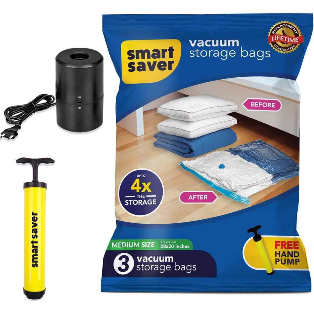 Smart Saver Plastic Vacuum Compression Bags|Vacuum Storage Bags|Vacuum Bags For Travel|Space Saver Vacuum Bags(3Medium + Electric And Manual Pump),White