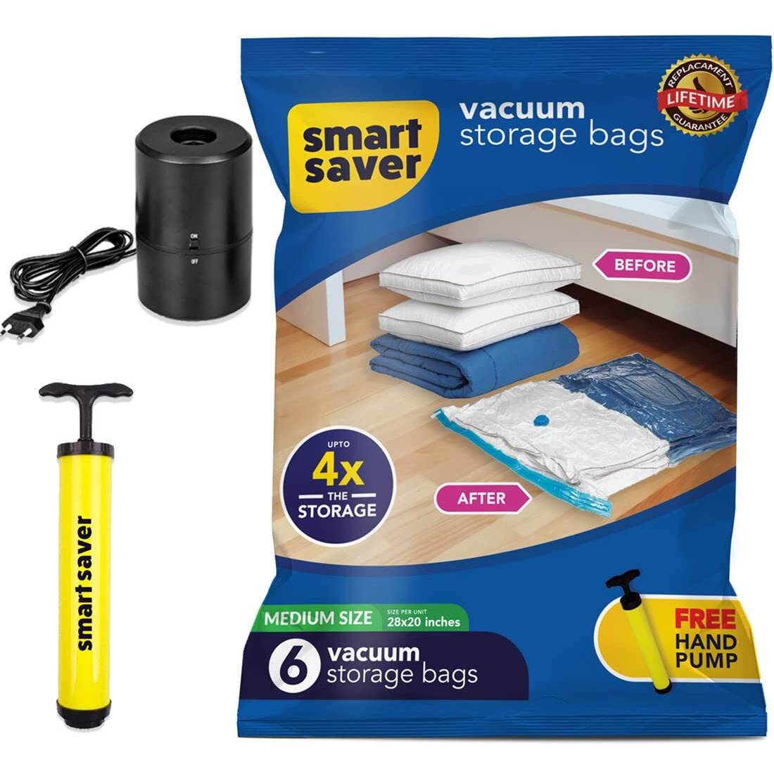 Smart Saver Plastic Vacuum Compression Bags|Vacuum Storage Bags|Vacuum Bags For Travel|Space Saver Vacuum Bags(6Medium + Electric And Manual Pump),White