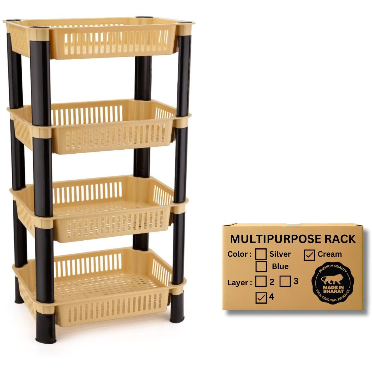 Biltoxi Multipurpose Plastic Storage Rack For Kitchen, Onion Potato Sabji, Fruit Corner Storage Stand Basket, Folding Rack, Countertop Kitchen Organizer Cart, Kitchen Trolley Rack (4 Layer, Ivory)
