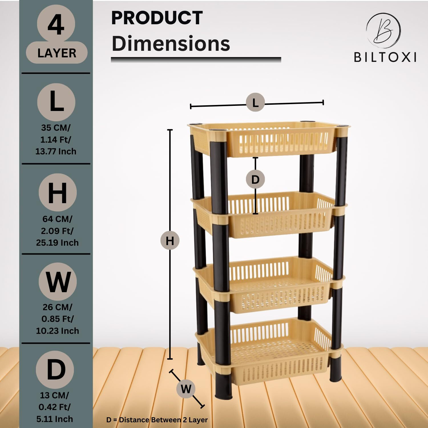 Biltoxi Multipurpose Plastic Storage Rack For Kitchen, Onion Potato Sabji, Fruit Corner Storage Stand Basket, Folding Rack, Countertop Kitchen Organizer Cart, Kitchen Trolley Rack (4 Layer, Ivory)