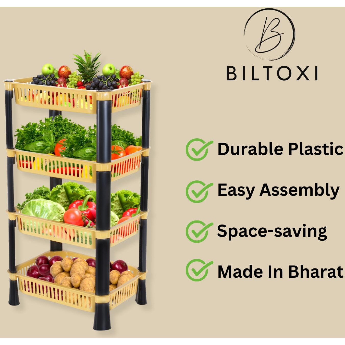 Biltoxi Multipurpose Plastic Storage Rack For Kitchen, Onion Potato Sabji, Fruit Corner Storage Stand Basket, Folding Rack, Countertop Kitchen Organizer Cart, Kitchen Trolley Rack (4 Layer, Ivory)