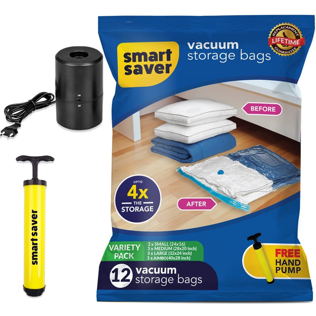 Smart Saver Polyamide Polyethylene Vacuum Compression Bags|Vacuum Storage Bags|Vacuum Bags For Travel|Space Saver Vacuum Bags(12Pack-3X(Jumbo,Large,Medium,Small)+Electric Pump),White
