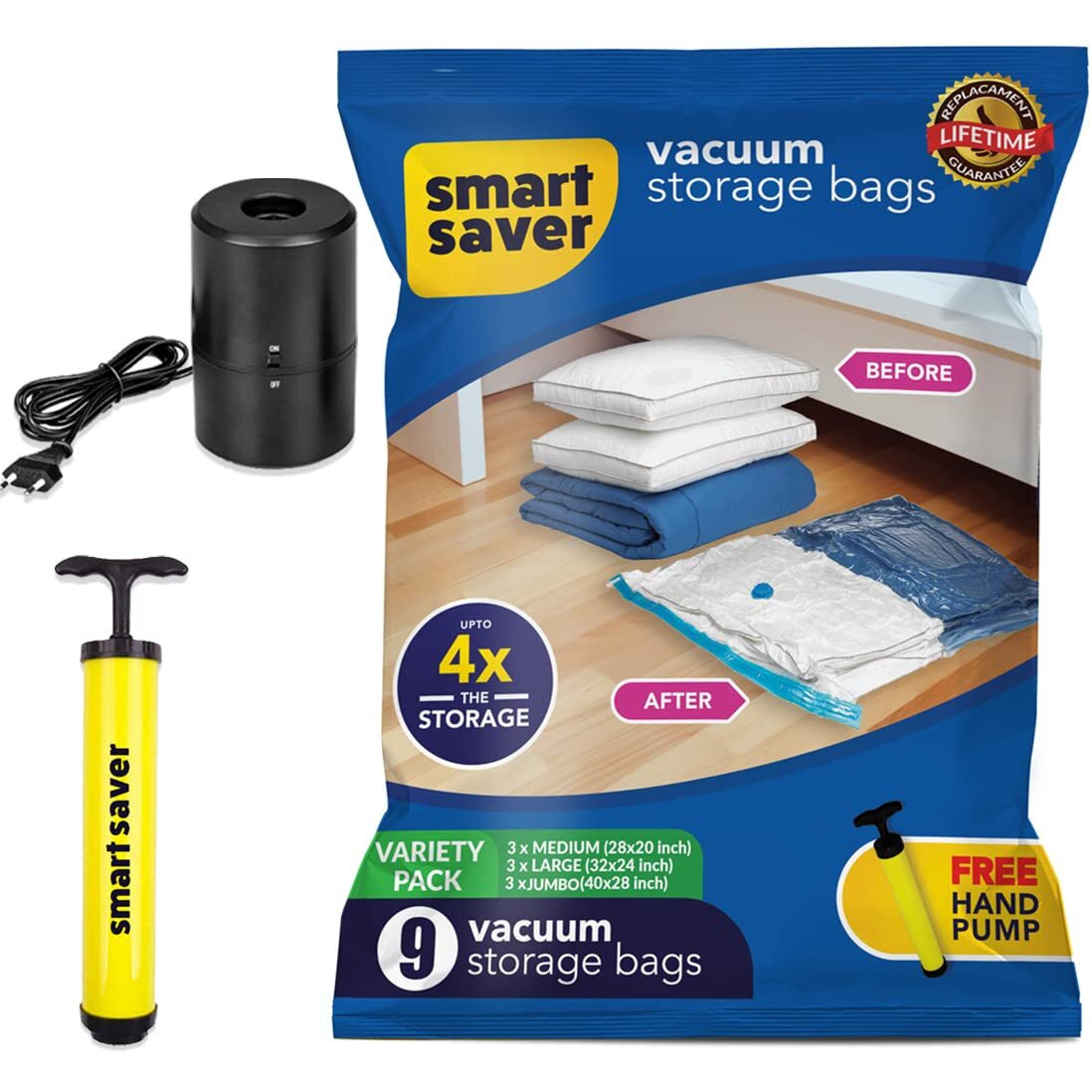 Smart Saver Polyamide Polyethylene Vacuum Compression Bags|Vacuum Storage Bags|Vacuum Bags For Travel|Space Saver Vacuum Bags(9Pack-3X(Jumbo,Large,Medium)+ Electric Handpump),White