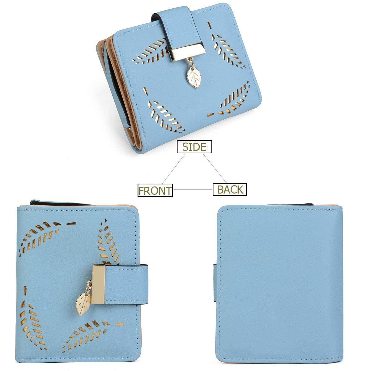 Inovera (Label) Light Blue Vegan Leather Women's Leaf Bi-Fold Card Coin Holder Small Purse Clutch Wallet (Kk23)