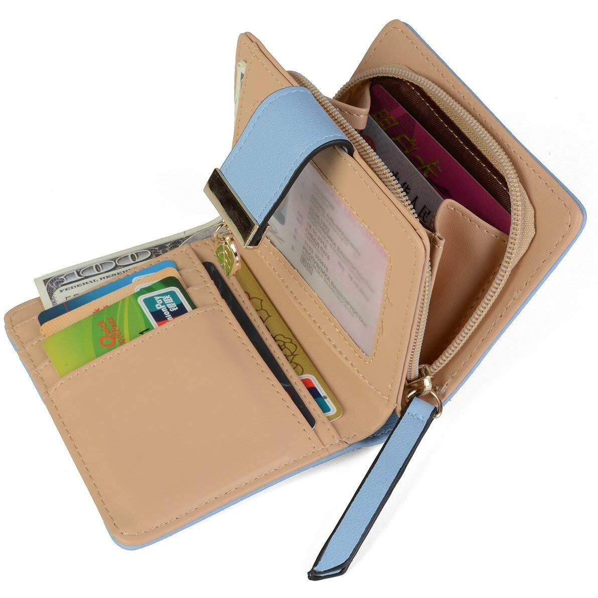 Inovera (Label) Light Blue Vegan Leather Women's Leaf Bi-Fold Card Coin Holder Small Purse Clutch Wallet (Kk23)
