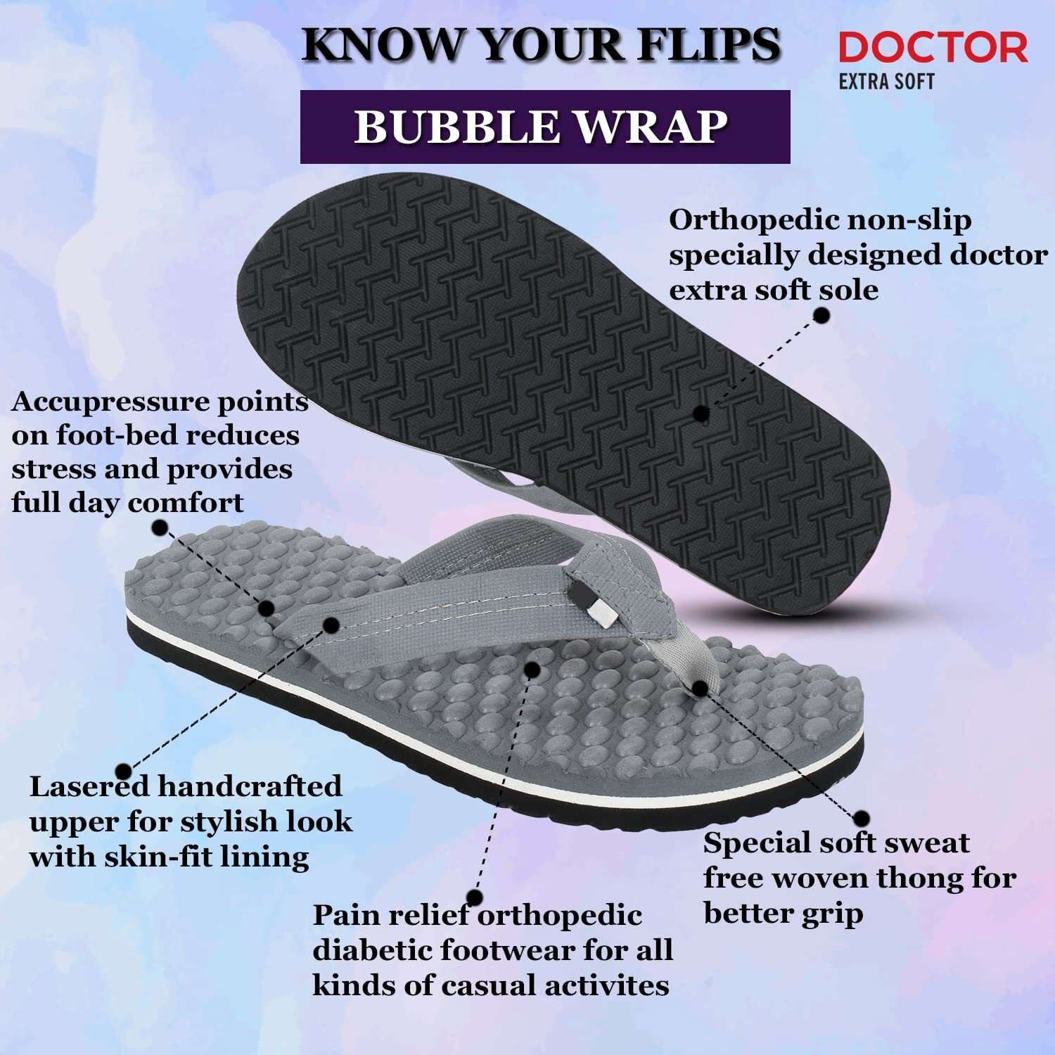 Doctor Extra Soft House Slipper For Men's Care |Orthopaedic | Diabetic | Comfortable | Cushion | Flip-Flop Men's & Boys Home Slides For Daily Use Bubble Softy D-30-Grey-7 Uk