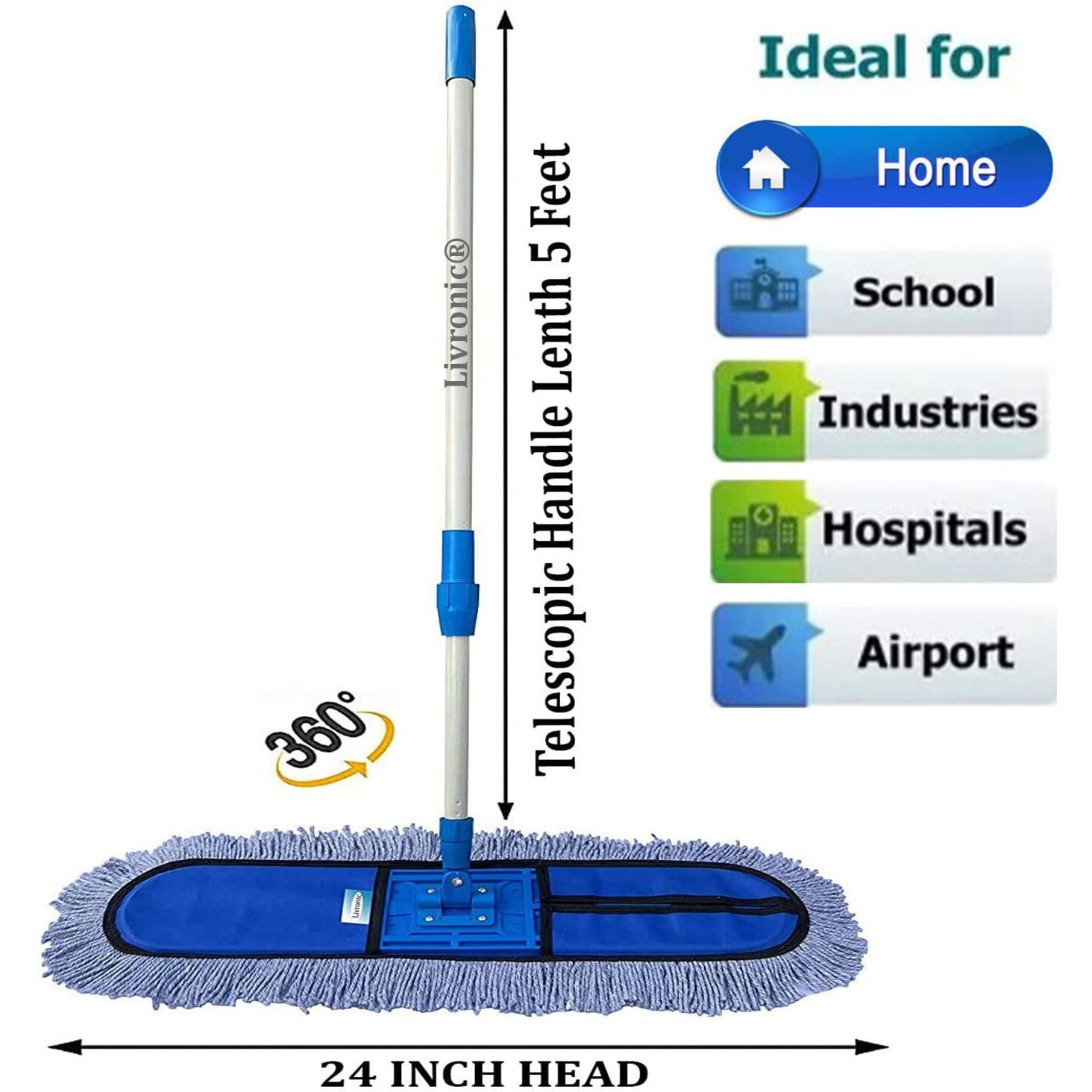 Livronic Wet And Dry Cotton Pad Floor Mop With 5 Feet Long Handle, 24 Inch Head With Cotton Refill (Blue) (24 Inch Wet And Dry Mop), Plastic