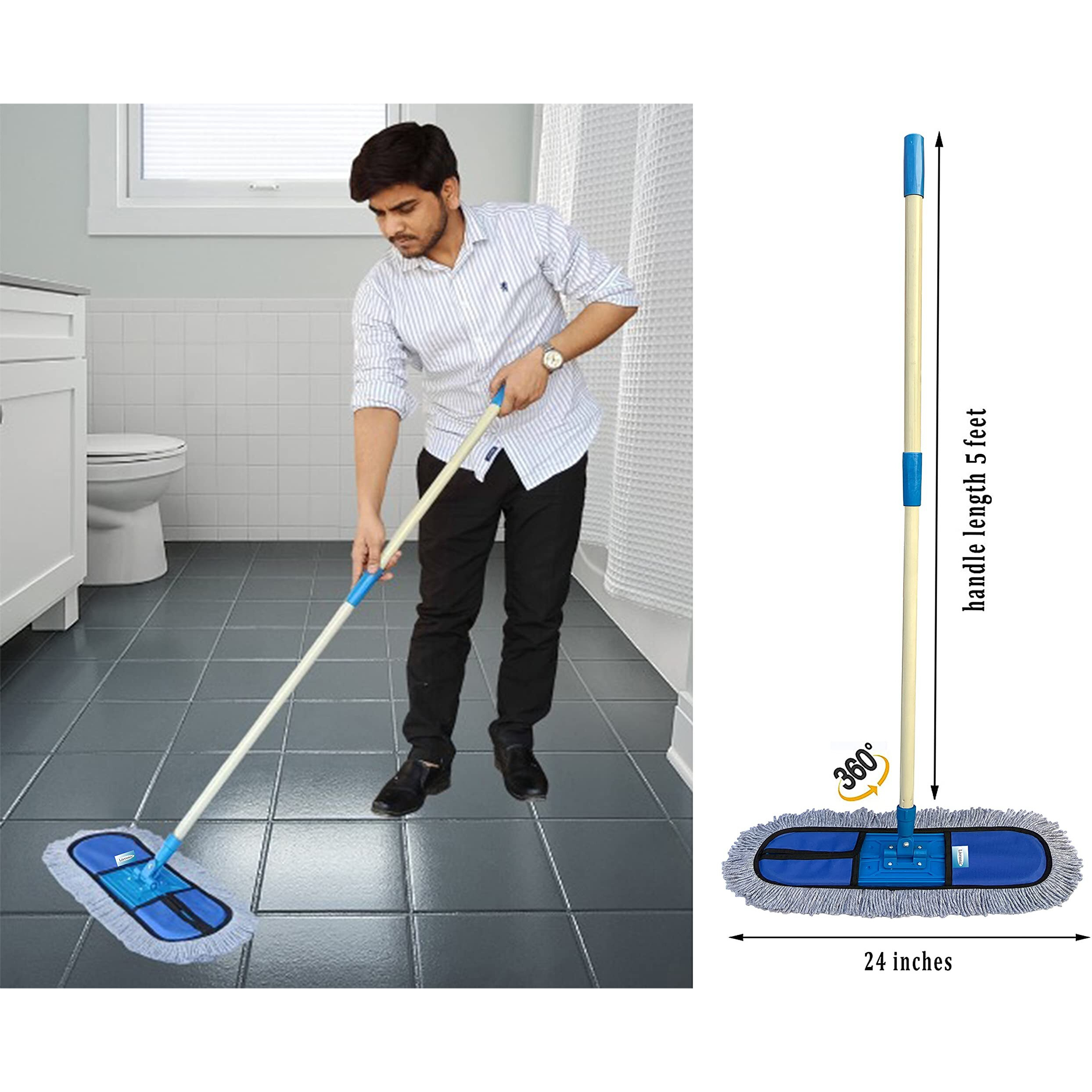 Livronic Wet And Dry Cotton Pad Floor Mop With 5 Feet Long Handle, 24 Inch Head With Cotton Refill (Blue) (24 Inch Wet And Dry Mop), Plastic