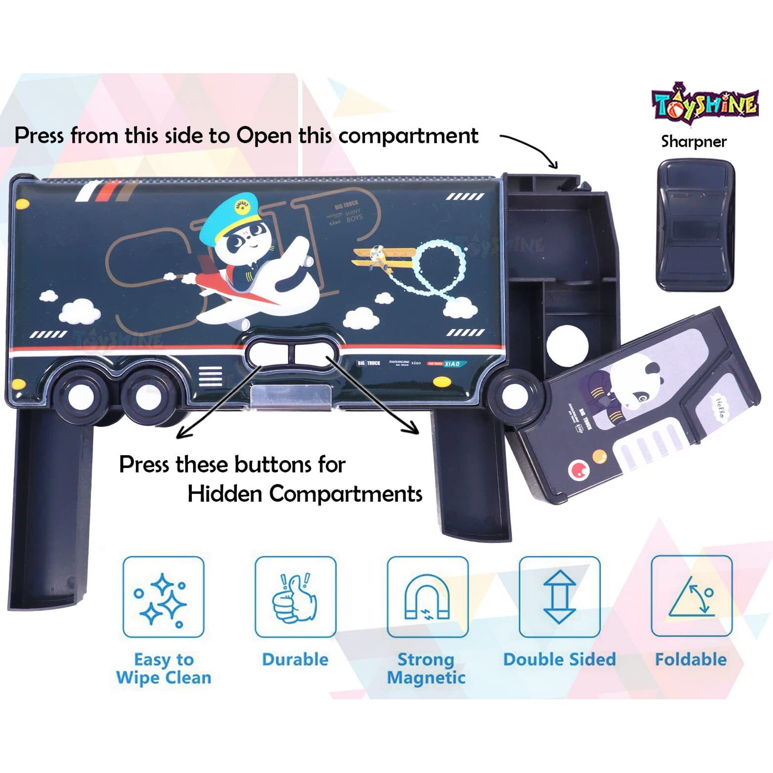 Toyshine Double Compartment Bus Pencil Box With Moving Tyres, Button Enabled Storages And Sharpner For Kids - Black