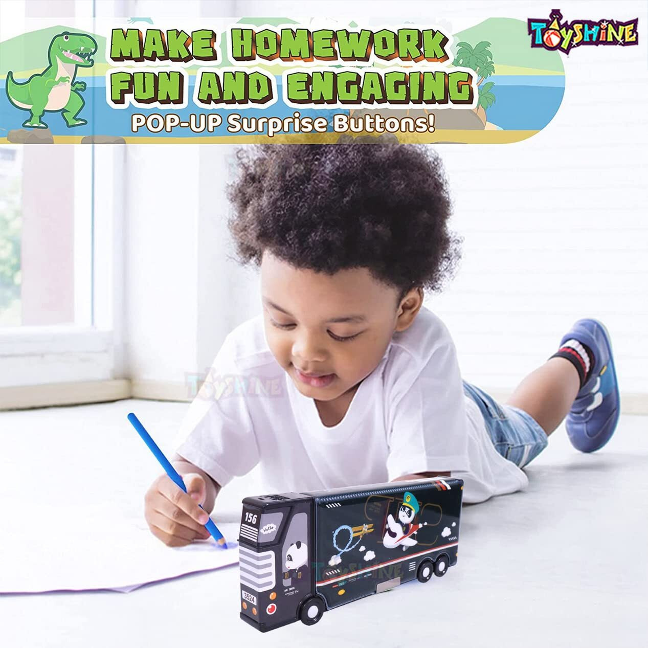Toyshine Double Compartment Bus Pencil Box With Moving Tyres, Button Enabled Storages And Sharpner For Kids - Black