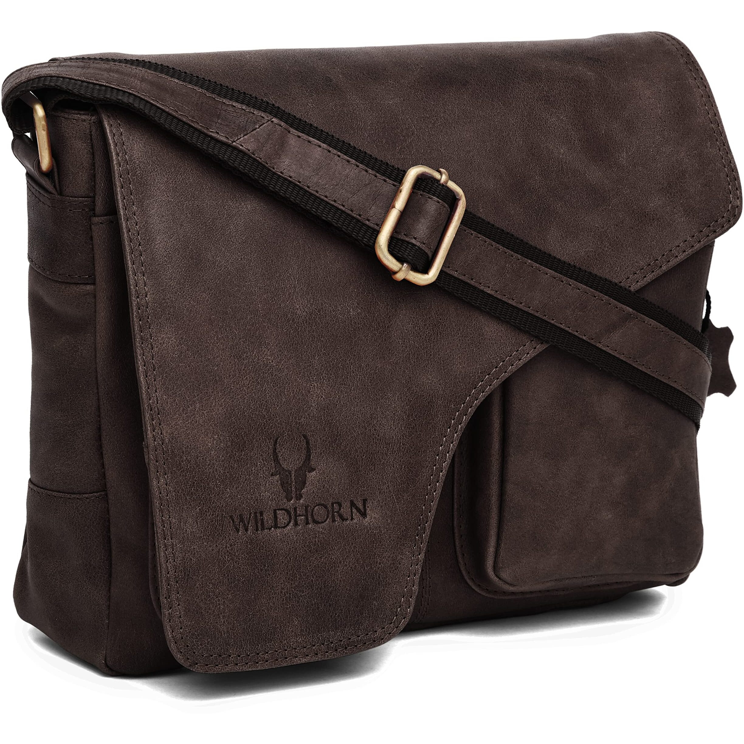 Wildhorn Men's Leather Messenger Bag, Handcrafted, Adjustable Strap, L-11 Inch H-9.5 Inch W-3 Inch (Set Of 1) - Brown Distressed