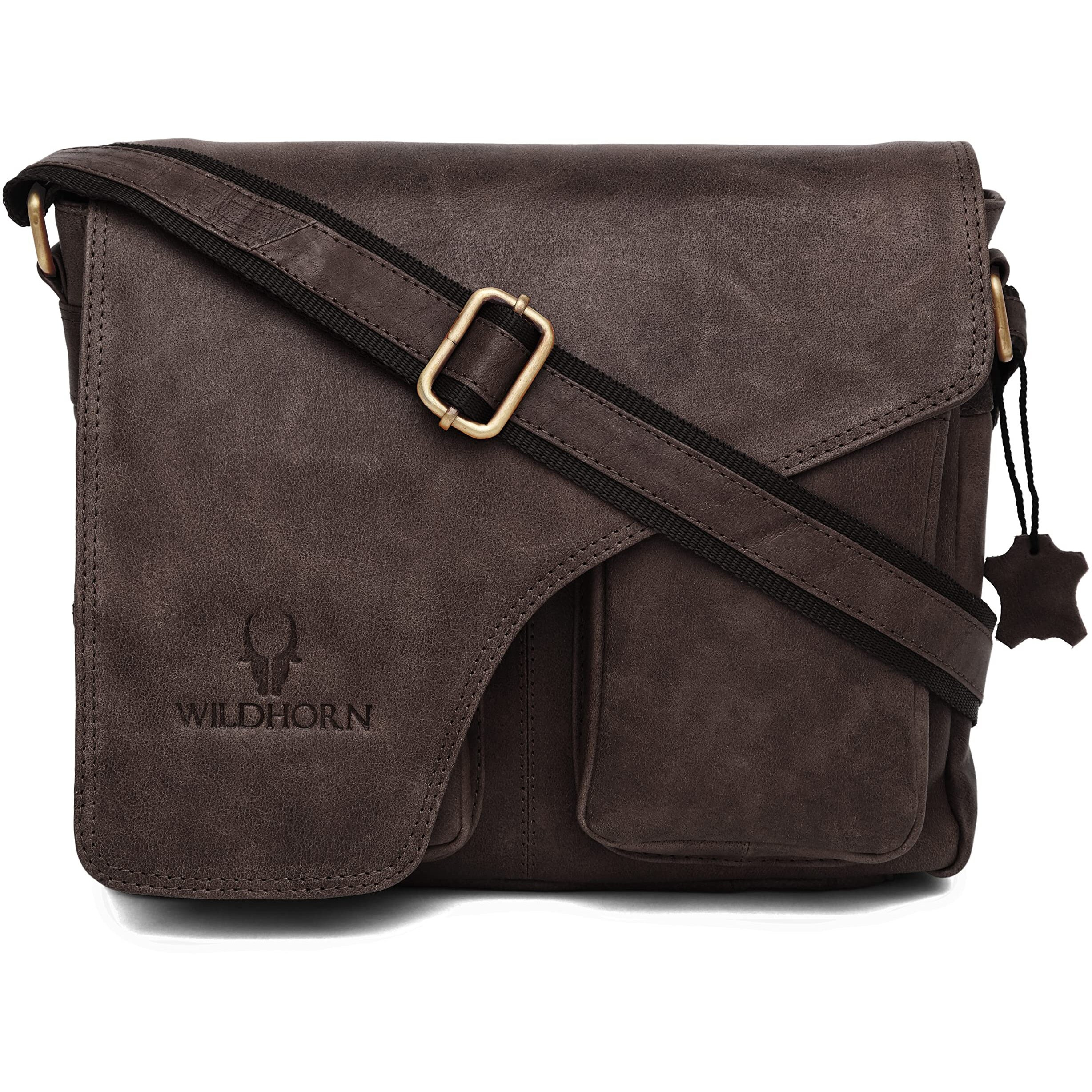Wildhorn Men's Leather Messenger Bag, Handcrafted, Adjustable Strap, L-11 Inch H-9.5 Inch W-3 Inch (Set Of 1) - Brown Distressed