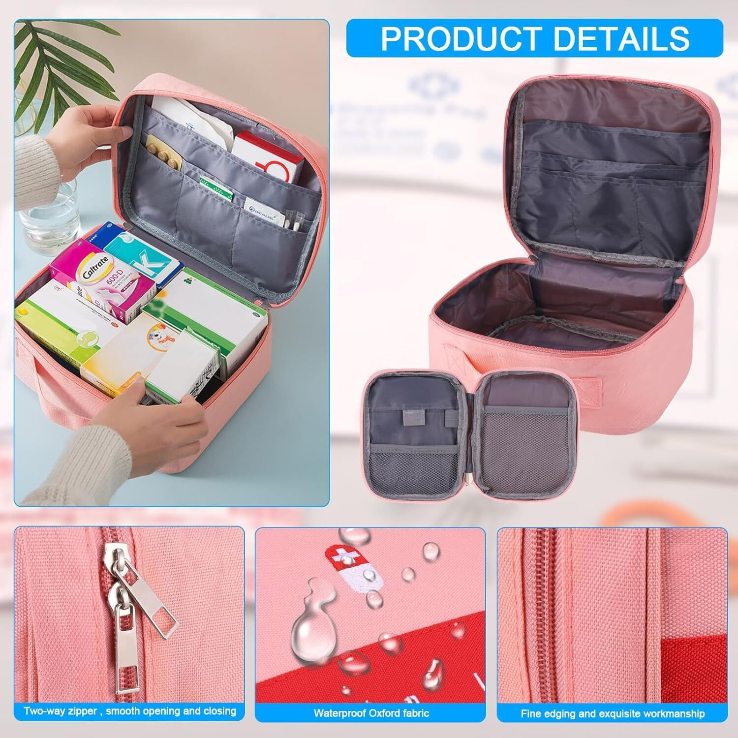 House Of Quirk Polyester Portable First Aid Empty Kit Pouch Emergency Survival Bag Medicine Bag For Home Office Travel Camping Sport Backpacking (Design 2 Pink)