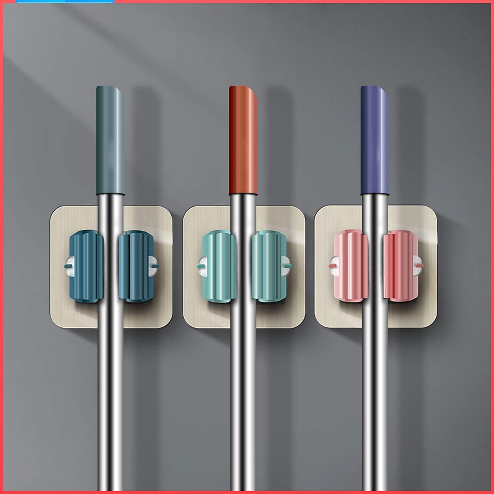 Wolpin Mop Holder Self Adhesive Hooks, Steel And Metal Shelves Broom Holder Wall Mount Plastic Waterproof Multicolour For Bathroom & Kitchen, Multipurpose (Slots, Pack Of 3 Pcs)