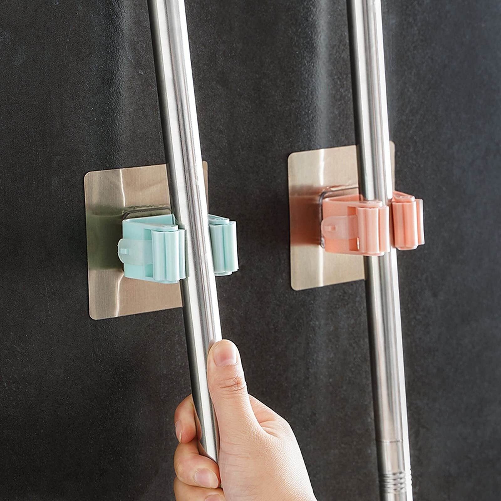 Wolpin Mop Holder Self Adhesive Hooks, Steel And Metal Shelves Broom Holder Wall Mount Plastic Waterproof Multicolour For Bathroom & Kitchen, Multipurpose (Slots, Pack Of 3 Pcs)
