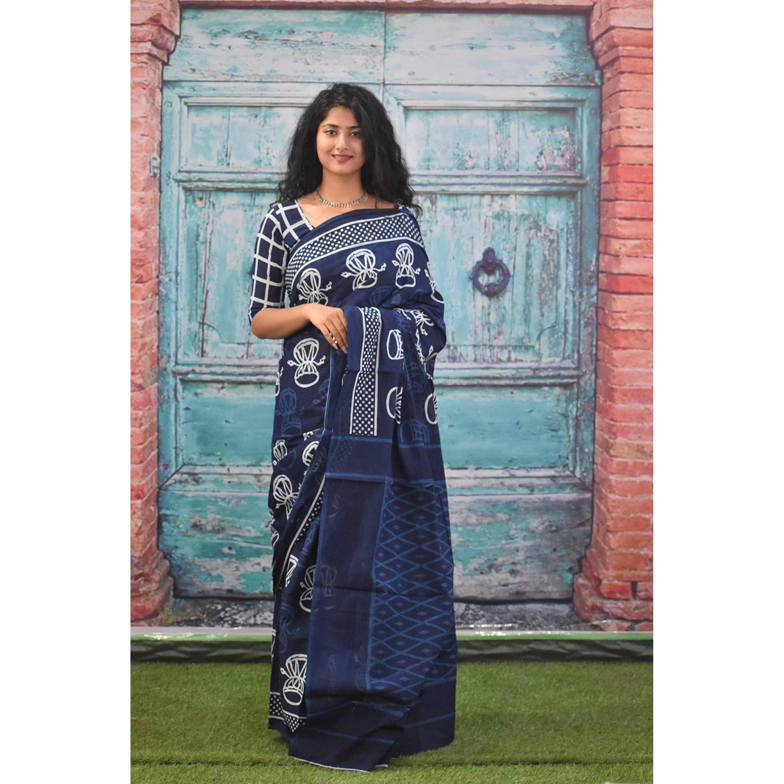 Jalther Handicrafts Women's Ikat Hand Block Print Jaipuri Cotton Mulmul Saree With Blouse Piece - Blue_49