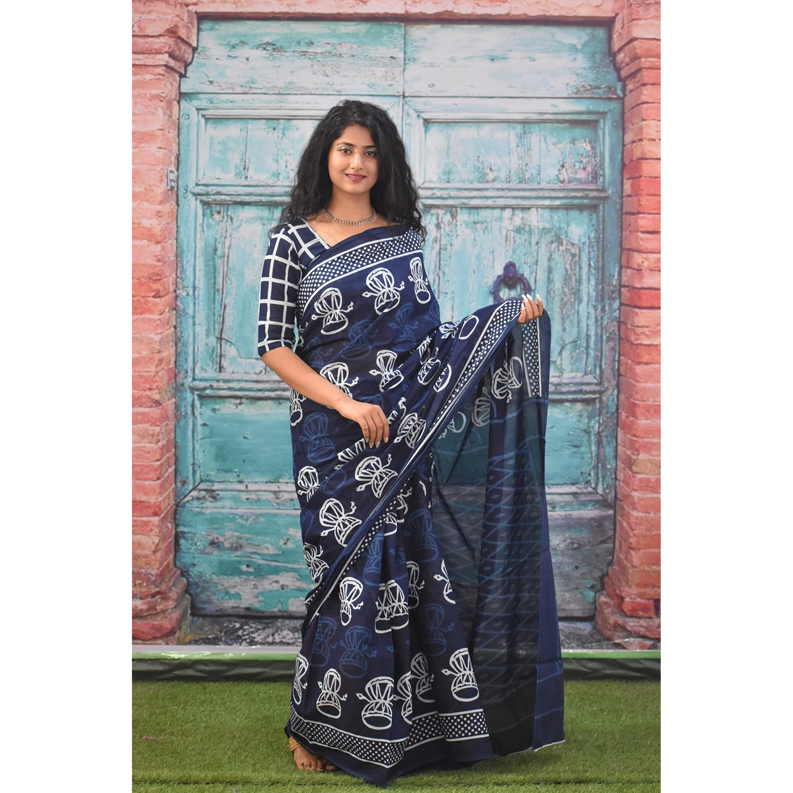Jalther Handicrafts Women's Ikat Hand Block Print Jaipuri Cotton Mulmul Saree With Blouse Piece - Blue_49