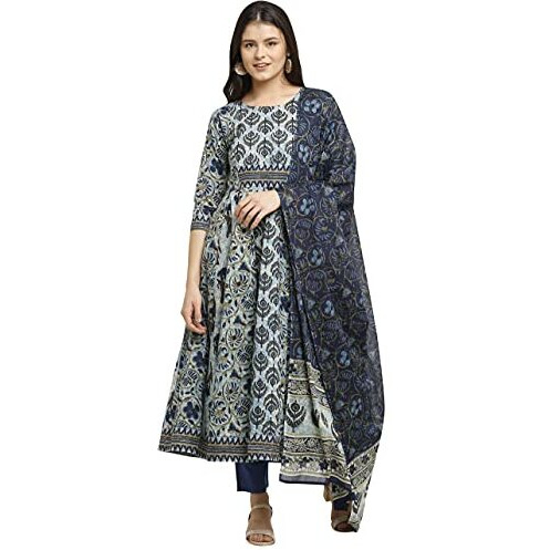 Rajnandini Women's Pure Cambric Cotton Floral Printed A-Line Anarkali Kurta Set With Dupatta (Ready To Wear Blue Xxxx-Large)(Joplvl218-4Xl)