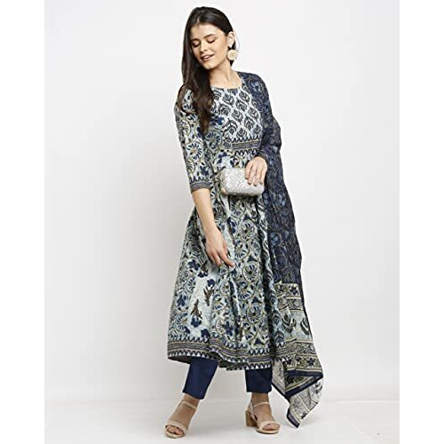 Rajnandini Women's Pure Cambric Cotton Floral Printed A-Line Anarkali Kurta Set With Dupatta (Ready To Wear Blue Xxxx-Large)(Joplvl218-4Xl)