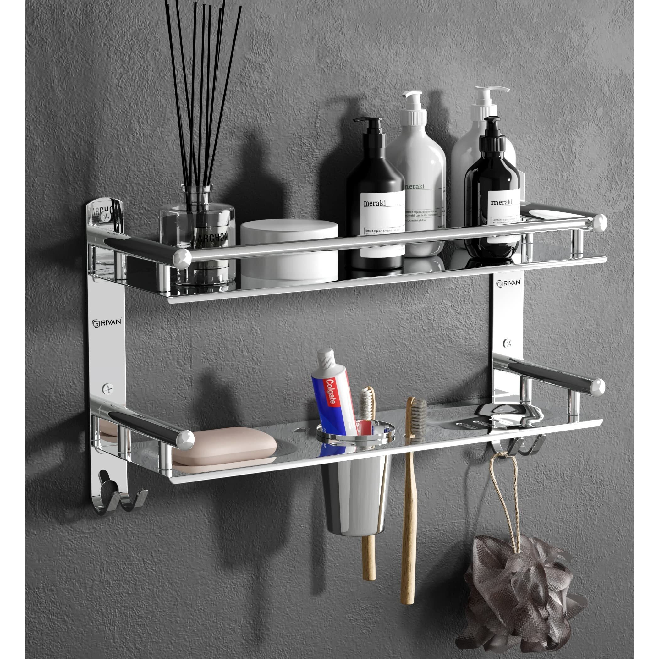 Grivan Stainless Steel Multi-Use Rack, Bathroom Shelf, Soap Stand, Tumbler Holder, Toothbrush Holder Bathroom Accessories Chrome Finish (Number Of Shelves - 2, Silver)