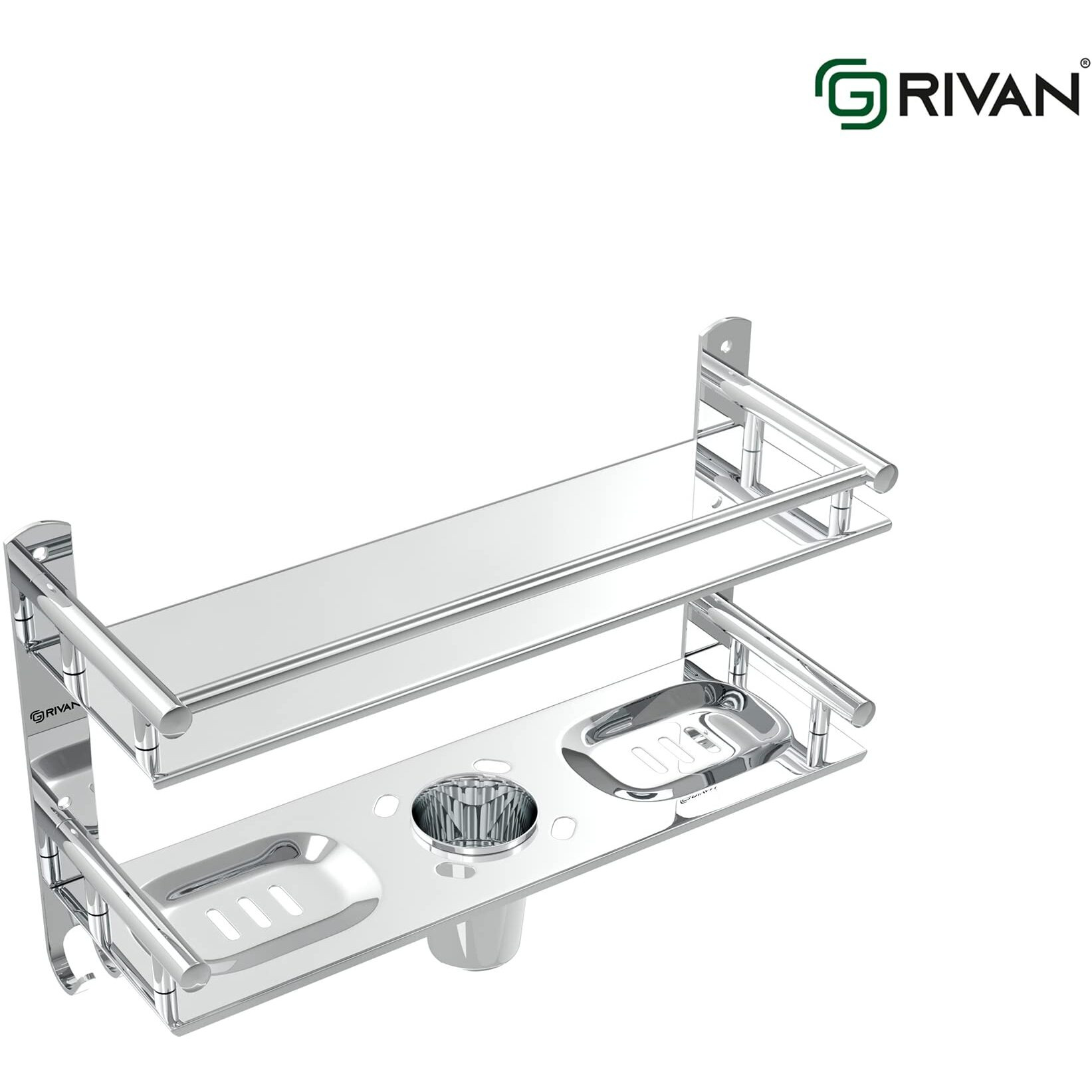 Grivan Stainless Steel Multi-Use Rack, Bathroom Shelf, Soap Stand, Tumbler Holder, Toothbrush Holder Bathroom Accessories Chrome Finish (Number Of Shelves - 2, Silver)