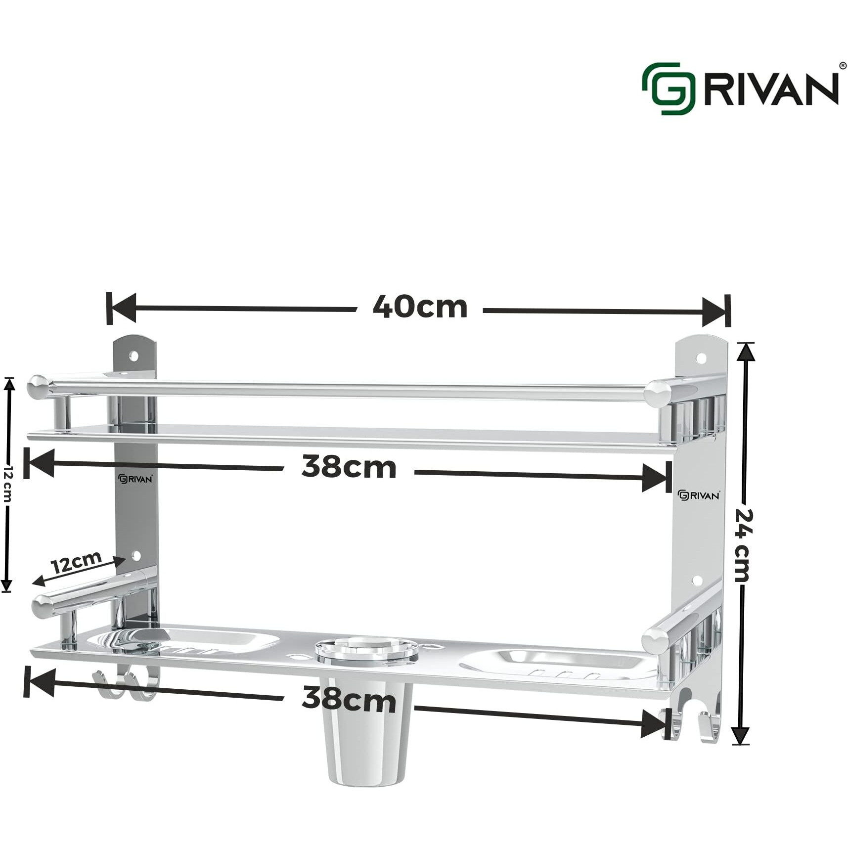 Grivan Stainless Steel Multi-Use Rack, Bathroom Shelf, Soap Stand, Tumbler Holder, Toothbrush Holder Bathroom Accessories Chrome Finish (Number Of Shelves - 2, Silver)