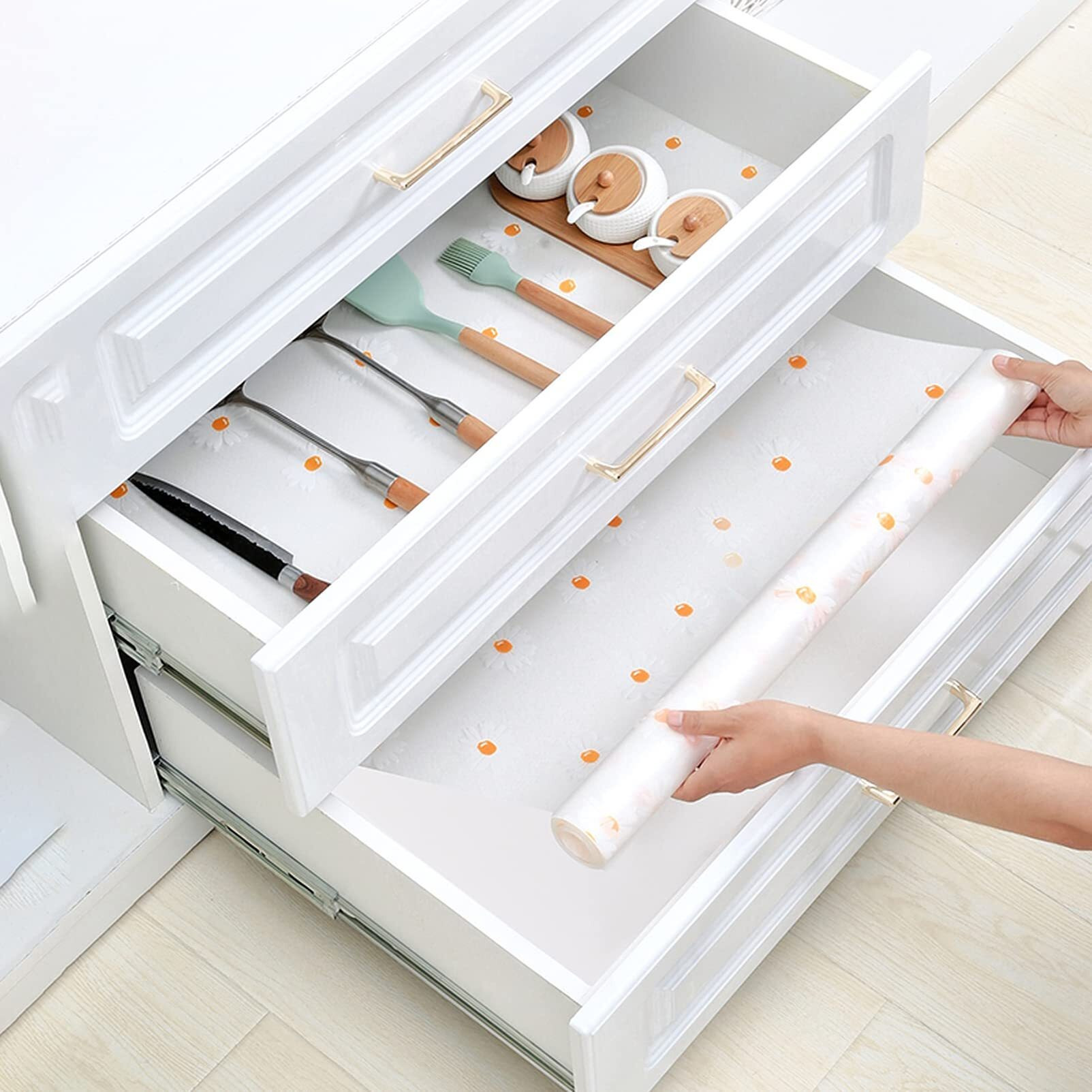 Wolpin Anti-Slip Floral Kitchen Cabinet Drawer Shelf Mat Liner Sheets (45Cmx3M, Pack Of 1 Roll, Ethylene Vinyl Acetate, Transparent, White Daisy) For Bathroom, Fridge Mat Textured Multipurpose
