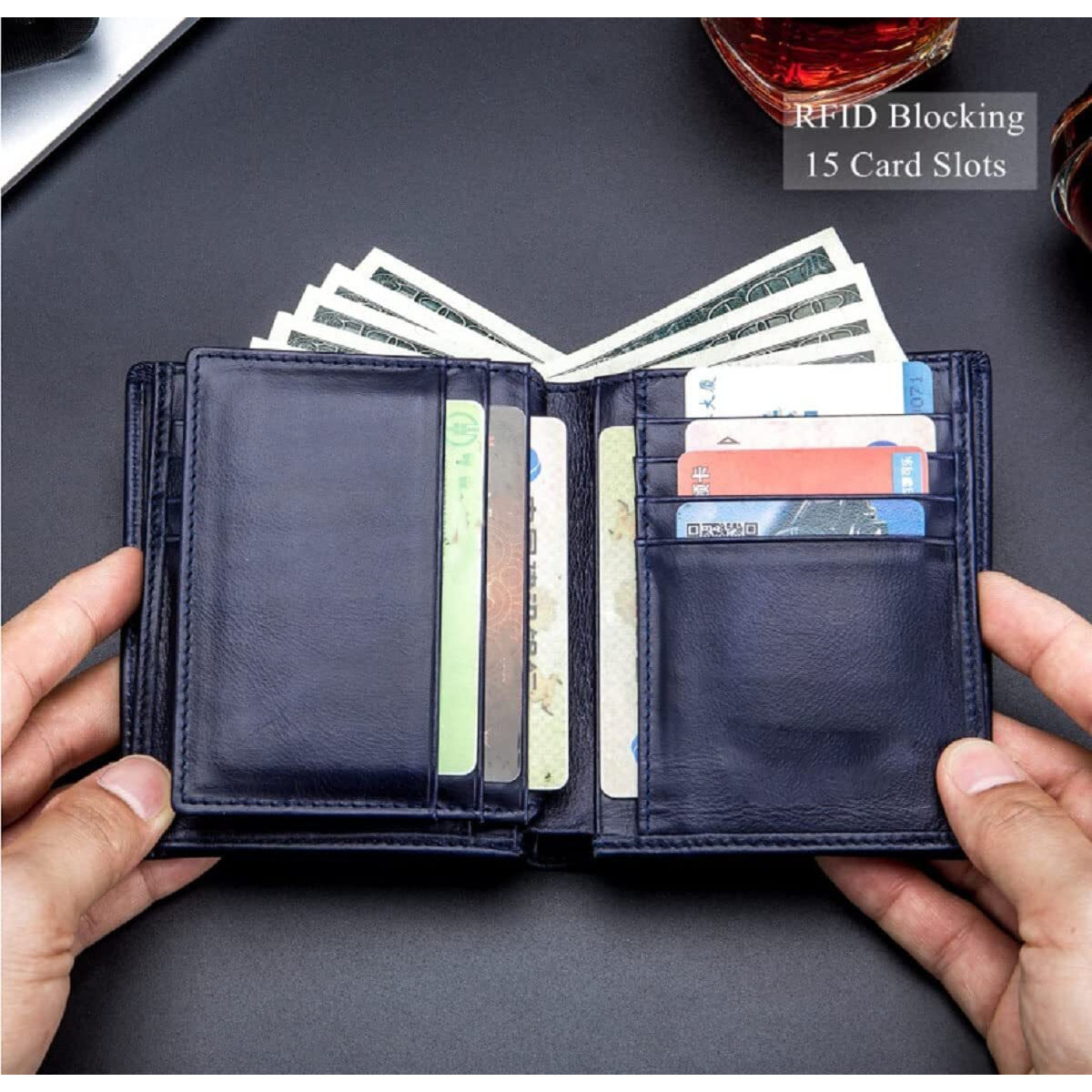 Contacts Men's Genuine Leather Wallet | Rfid Blocking Wallet For Men| 14 Card Slots, 1 Id Window | Large Capacity Can Hold 50 Currency Notes (Blue)