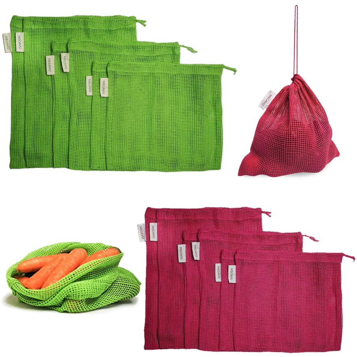 Necavu Cotton Set Of 12 Fridge Storage Bag | Eco-Friendly Natural Cotton Vegetable Bag For Fridge & Mesh Net Fridge Accessories |(Neem Green(6) + Onion Pink(6)), Drawstring