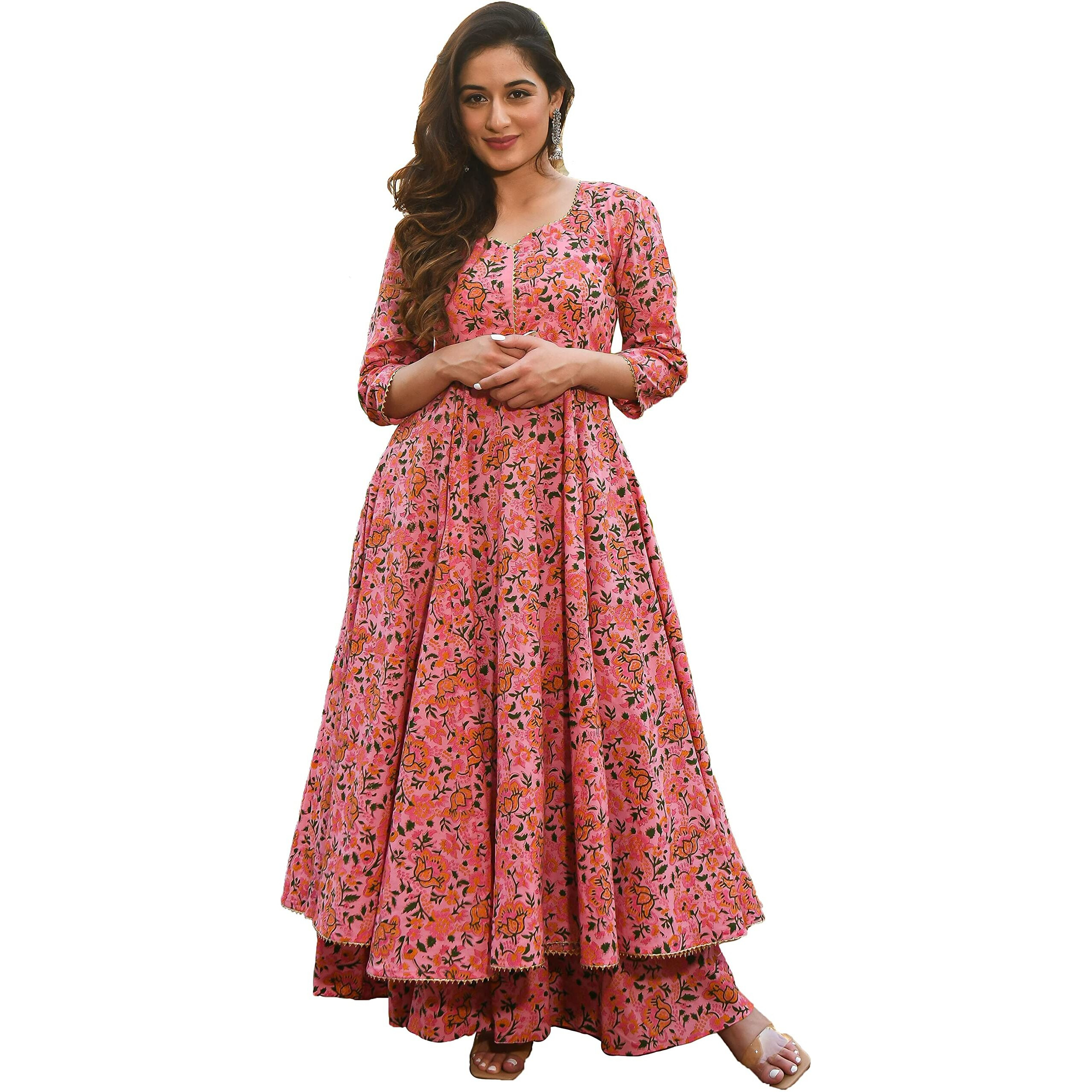 Arayna Women's Cotton Printed Anarkali Kurti With Palazzo Pants Set, Floral (Small)